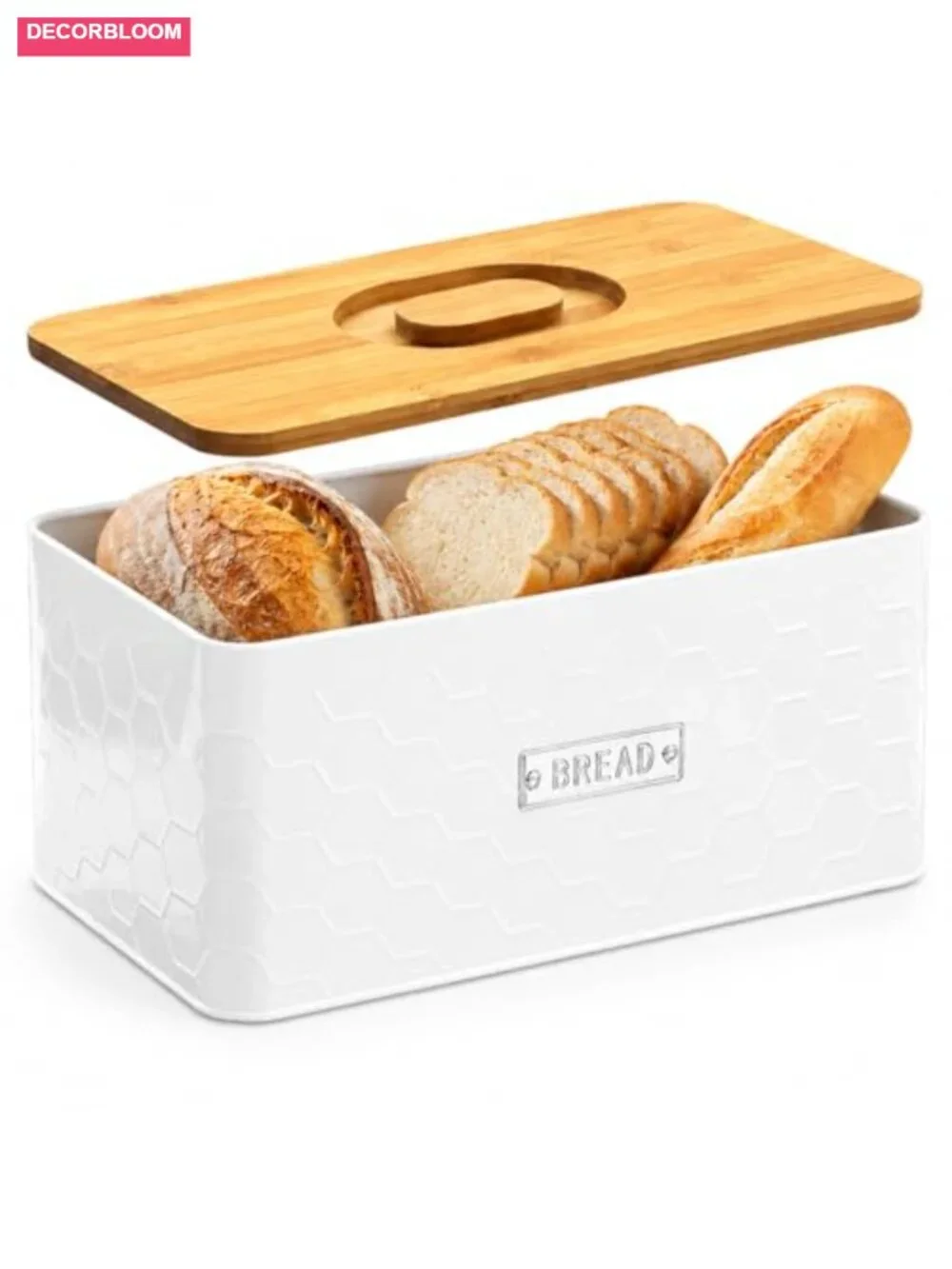 White Metal Bread Box with Bamboo Cutting Board Lid
